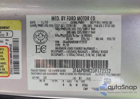 2013 Ford Fusion Se z USA, uszkodzony, nr VIN 3FA6P0HR2DR172552